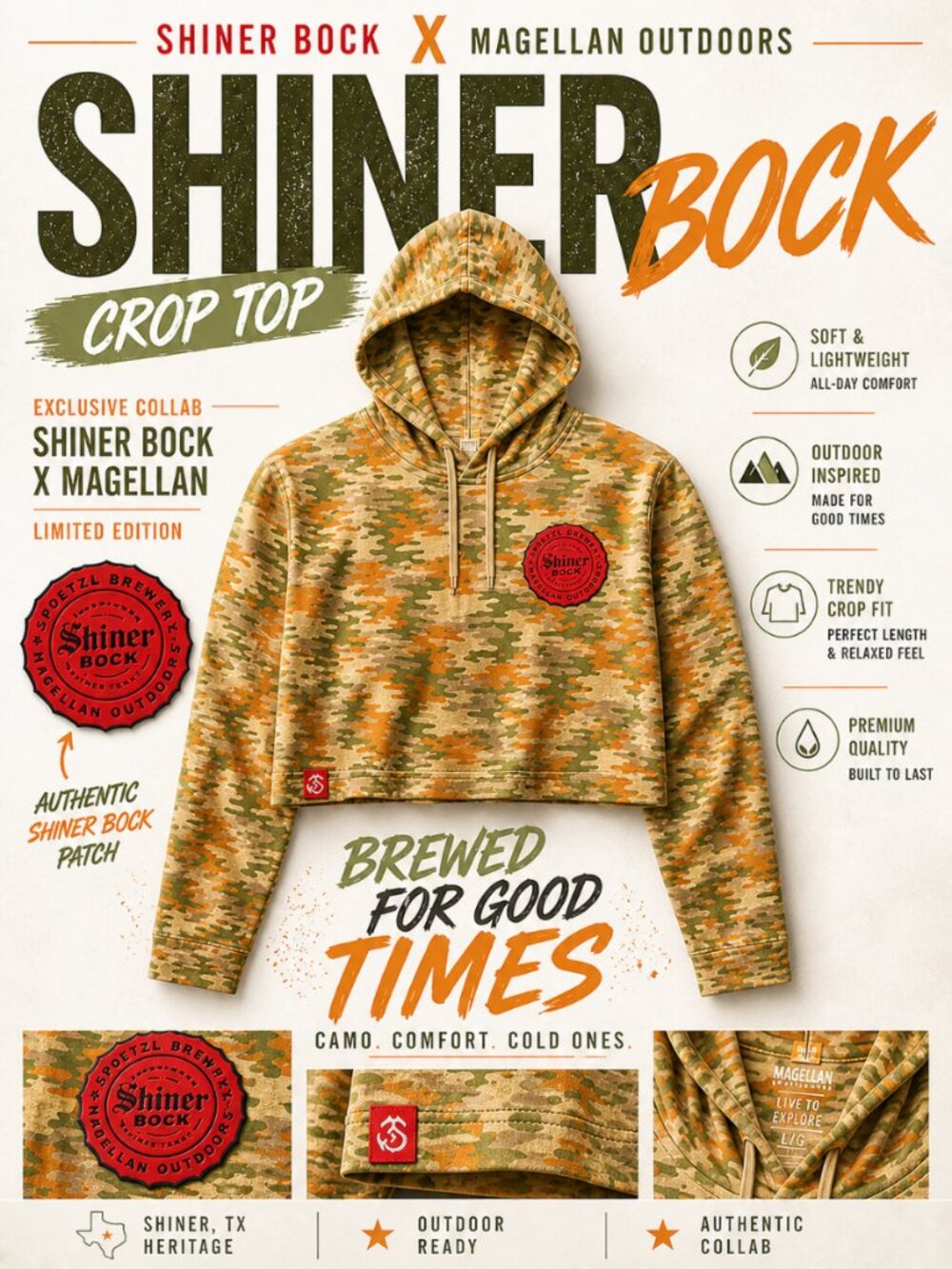 Shiner Bock Magellan Camo Crop Hooded Top Size L